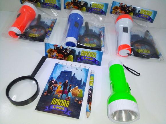 Kit Bloquinho + Mini Lápis + Lanterna + Lupa Tema