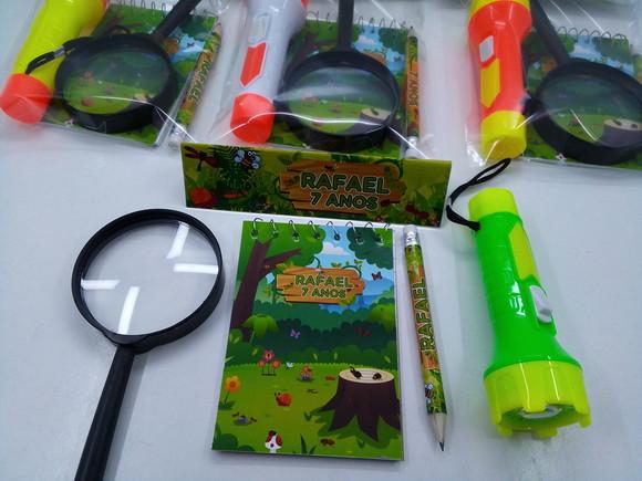 Kit Bloquinho + Mini Lápis + Lanterna + Lupa Tema Insetos