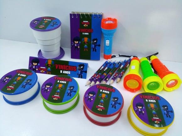 Kit Bloquinho+mini Lápis+lanterna+copo Retrátil Brawl Stars