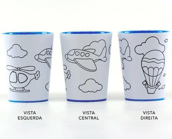 Kit Copo para Colorir Aviao + Giz de Cera + Saquinho + Fita