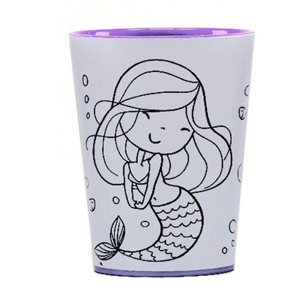 Kit Copo para Colorir Sereia + Giz de Cera + Saquinho + Fita