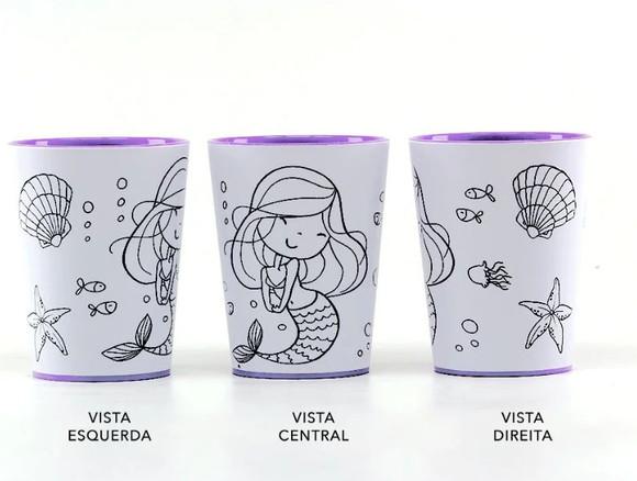 Kit Copo para Colorir Sereia + Giz de Cera + Saquinho + Fita