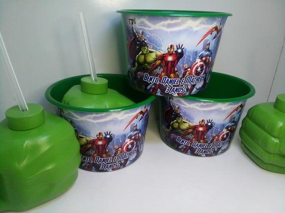 Kit Copo Super Mão do Hulk com Canudo 450ml +balde de Pipoca