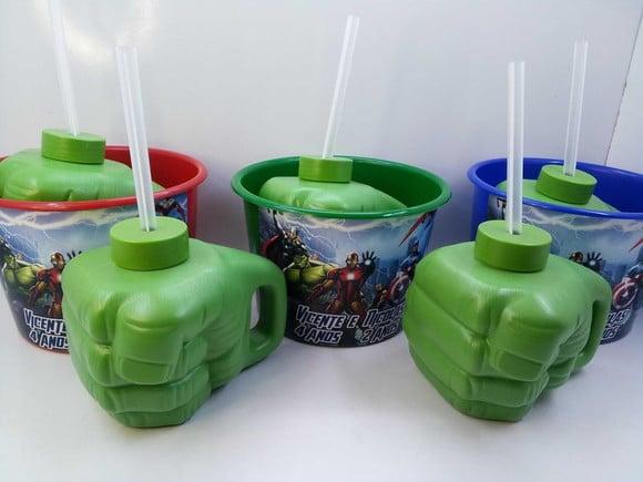 Kit Copo Super Mão do Hulk com Canudo 450ml +balde de Pipoca