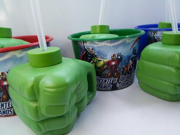 Kit Copo Super Mão do Hulk com Canudo 450ml +balde de Pipoca