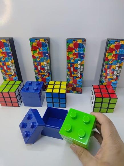 Kit Domino + Cubo Mágico + Mini Caixinha Tema Lego