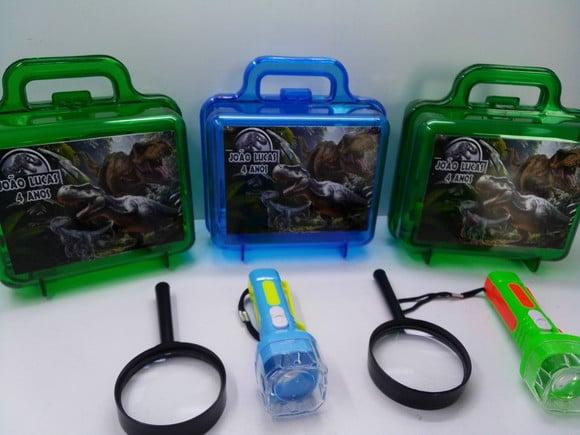 Kit Maletinha Acrílica + Lupa + Lanterna Tema Dinossauros