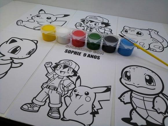 Kit Pintura Tinta Guache 6 Cores + Pincel + 6 Desenhos