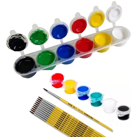 Kit Pintura Tinta Guache 6 Cores + Pincel + 6 Desenhos