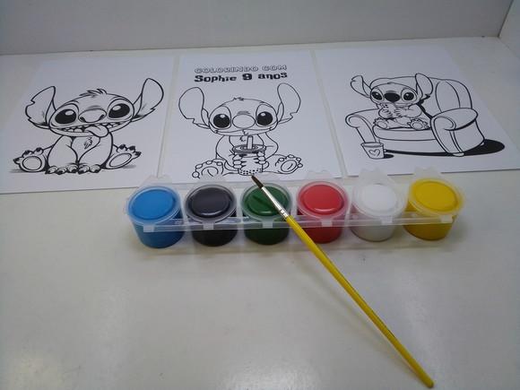 Kit Pintura Tinta Guache 6 Cores + Pincel + 6 Desenhos