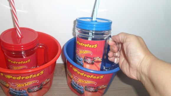 Kit Pipoca Balde+caneca Tampa e Canudo Listras Personalizado