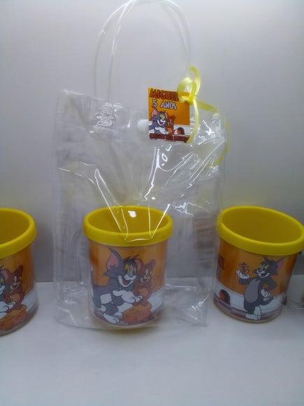 Kit Sacolinha Trnasparente +caneca Tema Tom e Jerry