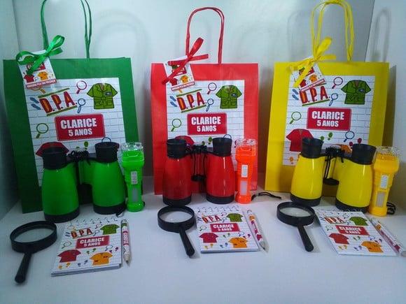 Kit Sacolinha+binoculo+lanterna+lupa+bloquinho+mini Lápis