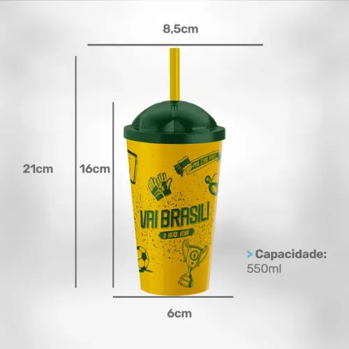Copo Vai Brasil 550ml Hexa com Tampa e Canudo