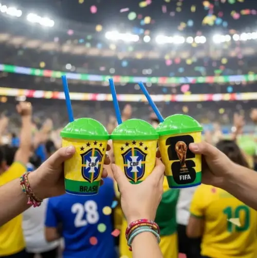 Copos Tema Copa do Mundo Brasil + Tampa Futebol 370ml