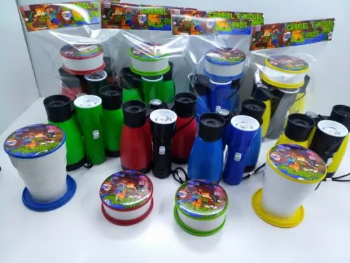 Kit Binoculo + Copo Retratil + Lanternas Tema Minecraft