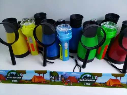 Kit Binoculo + Lanterna Colorida + Lupa Tema Acampamento