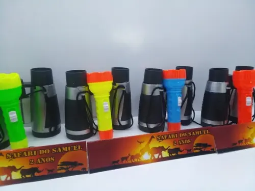Kit Binoculo Prata e Lanterna Personalizado Safari