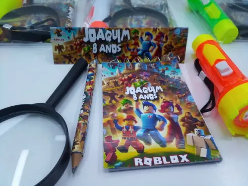 Kit Bloquinho + Mini Lápis + Lanterna + Lupa Roblox