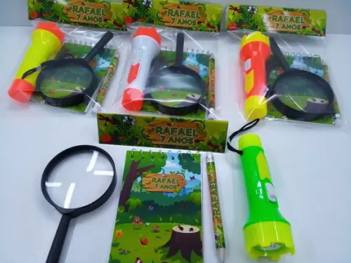 Kit Bloquinho + Mini Lápis + Lanterna + Lupa Tema Insetos
