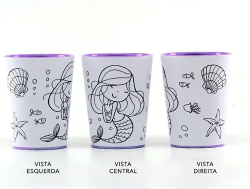 Kit Copo para Colorir Sereia + Giz de Cera + Saquinho + Fita