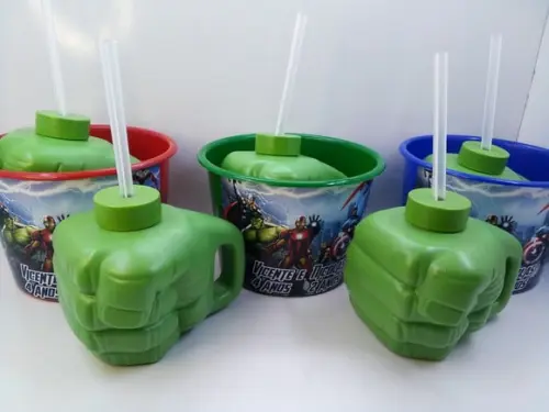 Kit Copo Super Mão do Hulk com Canudo 450ml +balde de Pipoca