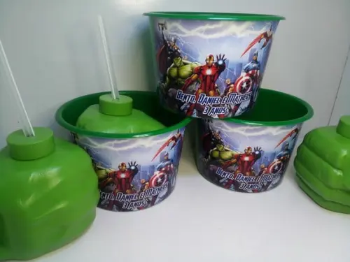 Kit Copo Super Mão do Hulk com Canudo 450ml +balde de Pipoca