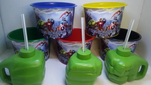 Kit Copo Super Mão do Hulk com Canudo 450ml +balde de Pipoca