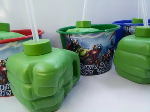 Kit Copo Super Mão do Hulk com Canudo 450ml +balde de Pipoca