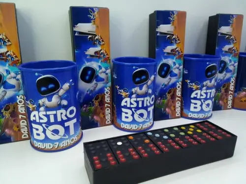 Kit Domino e Cofre de Papelao Personalizados Astrobot