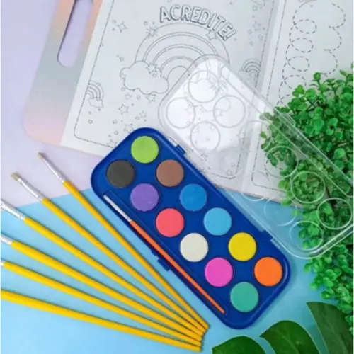 Kit Estojo Tinta Aquarela 12 Cores Pincel 16cm + 6 Desenhos