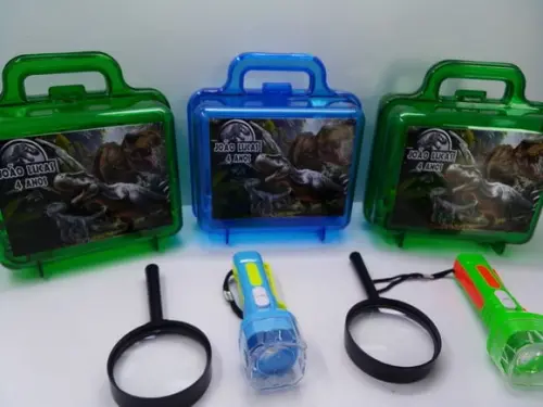Kit Maletinha Acrílica + Lupa + Lanterna Tema Dinossauros