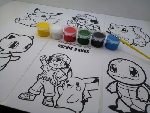 Kit Pintura Tinta Guache 6 Cores + Pincel + 6 Desenhos