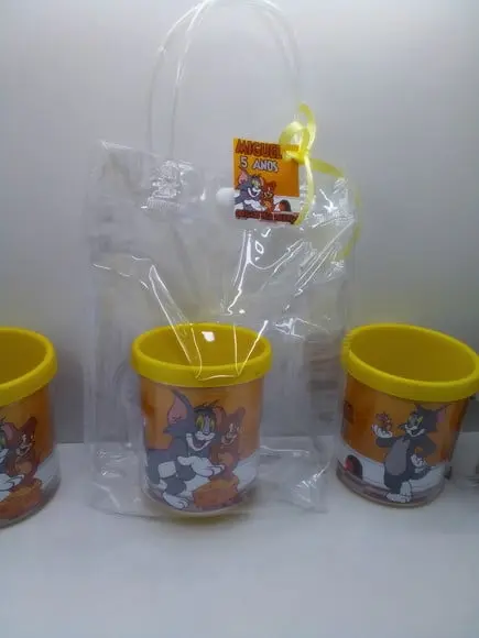 Kit Sacolinha Trnasparente +caneca Tema Tom e Jerry