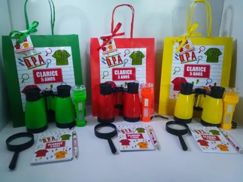 Kit Sacolinha+binoculo+lanterna+lupa+bloquinho+mini Lápis