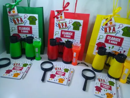 Kit Sacolinha+binoculo+lanterna+lupa+bloquinho+mini Lápis