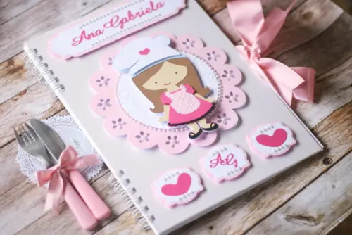 Livro de Receitas Personalizado Chá de Cozinha Scrapbook | Caderno de Receitas 50 Folhas Capa Dura com Nome e Temas Variados