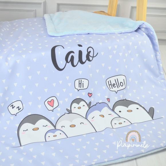 Mantinha Personalizada Baby Dupla Face - Pinguim Azul