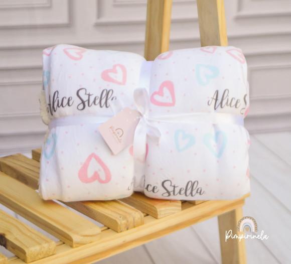 Mantinha Personalizada Baby Dupla Face - Corações