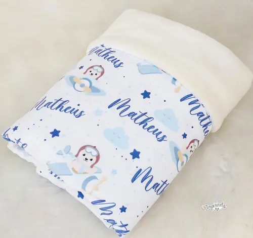 Mantinha Personalizada Baby Dupla Face - Ursinho Aviador