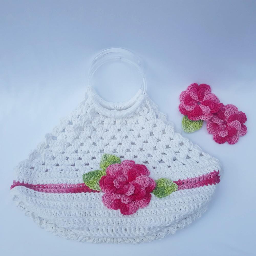 Porta Pratos em Crochê Av01 / Branco com Flor Rosa Mesclada