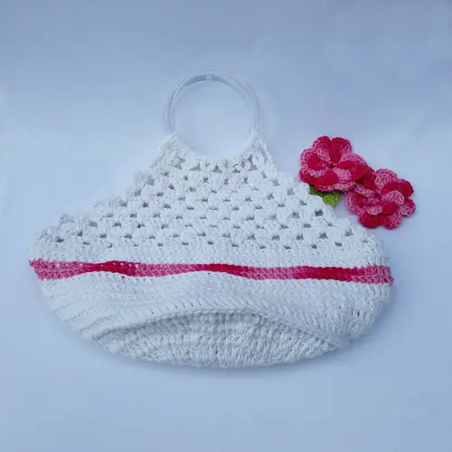 Porta Pratos em Crochê Av01 / Branco com Flor Rosa Mesclada
