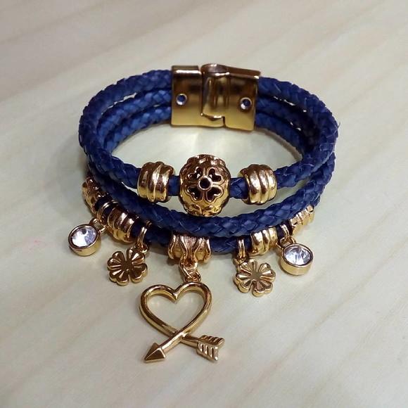 Pulseira em Couro Azul Marinho 3 Voltas