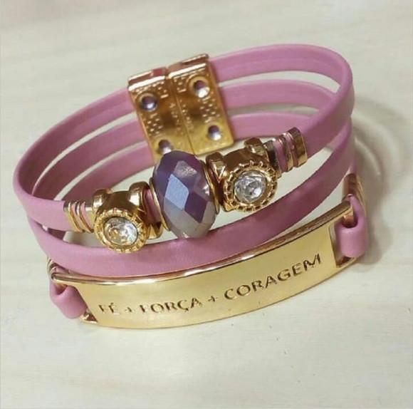 Pulseira em Couro Fé Força Coragem