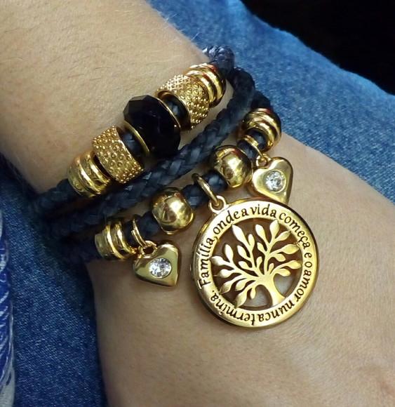 Pulseira Feminina Árvore da Vida com Couro Trançado