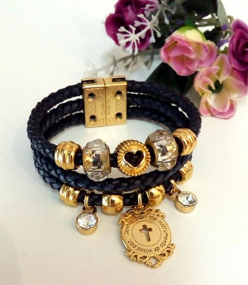 Pulseira em Couro Preto 3 Voltas