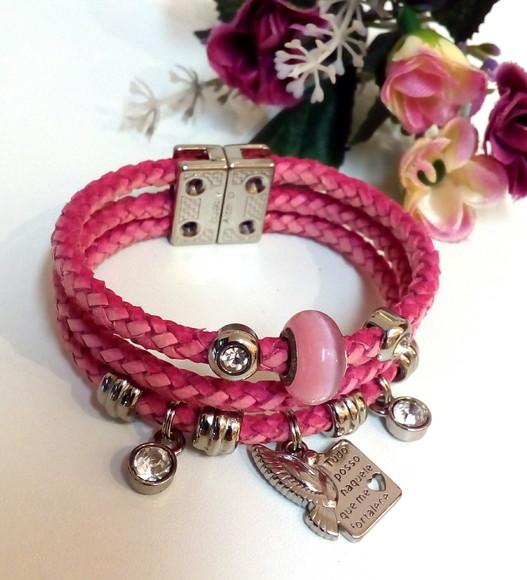 Pulseira em Couro Rosa 3 Voltas