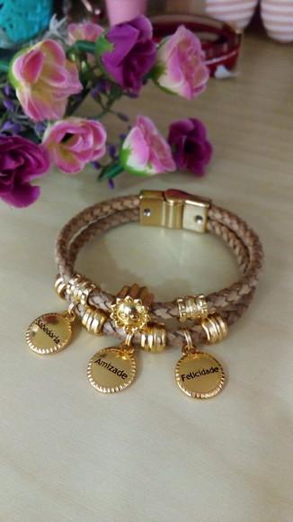 Pulseira em Couro Bege 2 Voltas