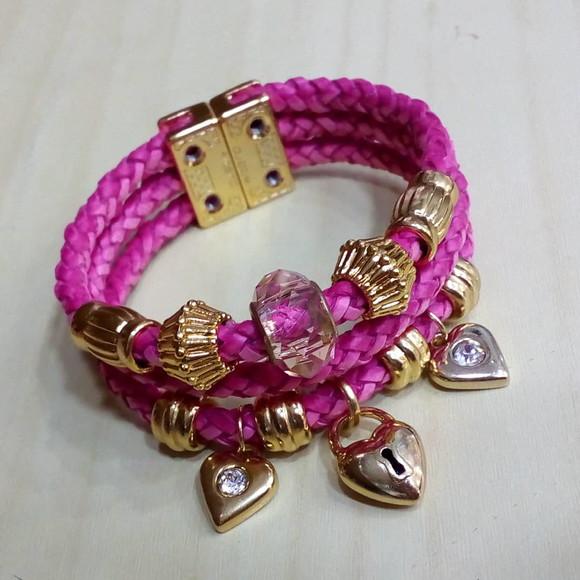 Pulseira em Couro Rosa 3 Voltas