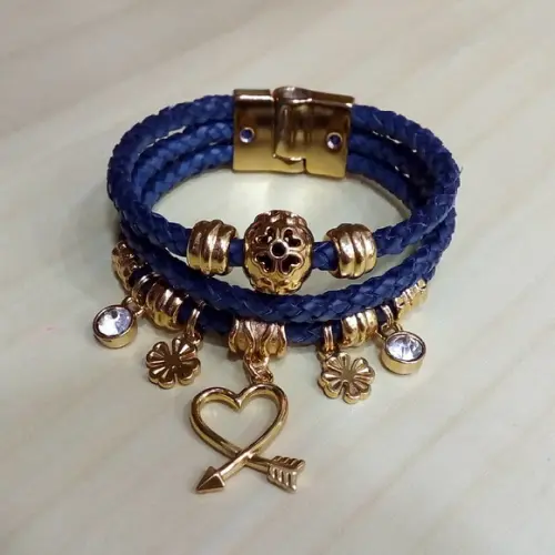 Pulseira em Couro Azul Marinho 3 Voltas
